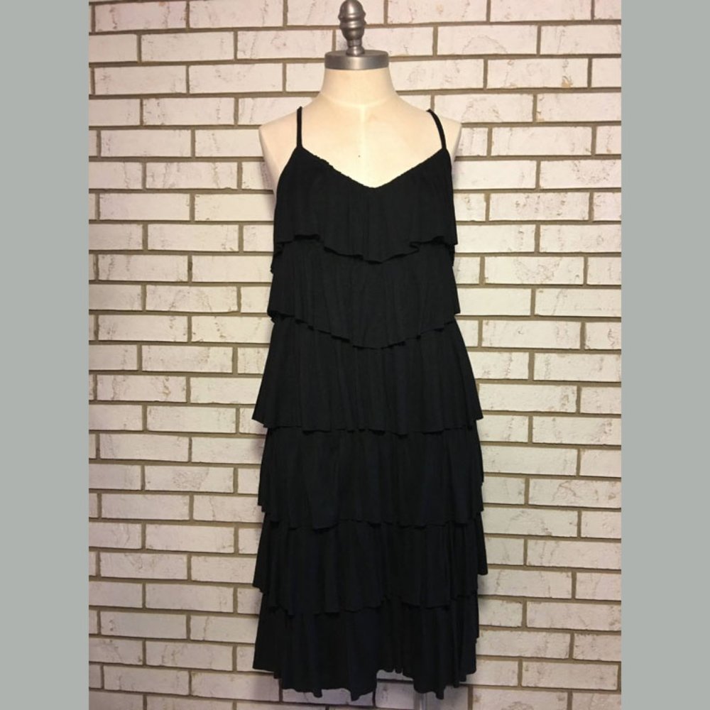 INC | Black Spaghetti Strap Layered Ruffle Dress
